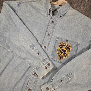 Vintage GM Institute Flint MI Men's Denim Button Down Shirt Large Blue Russell